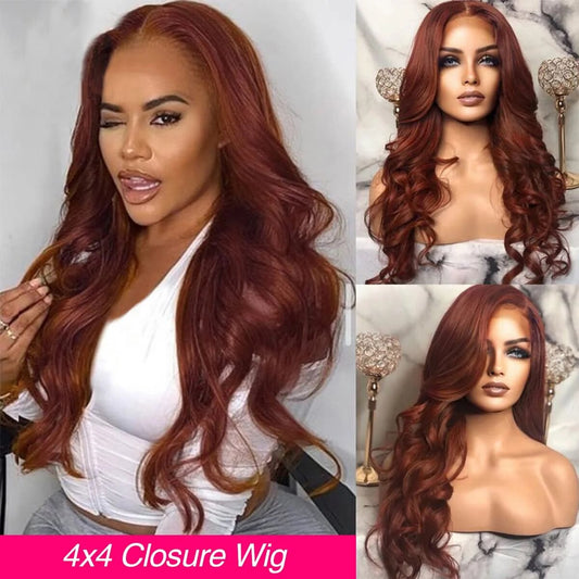 4x4 Lace Closure Human Hair Wig, Reddish Brown Body Wave Wig, 150 Density