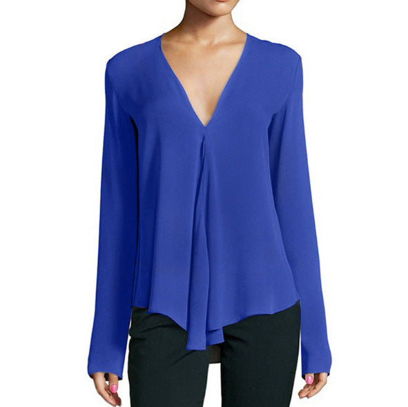 Deep V-neck Long-sleeved Loose Chiffon Shirt Women's Clothing