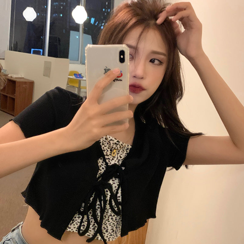 Black Short-Sleeved Sweater Women's Summer Thin Lace Small Cardigan Jacket New Design Short Top