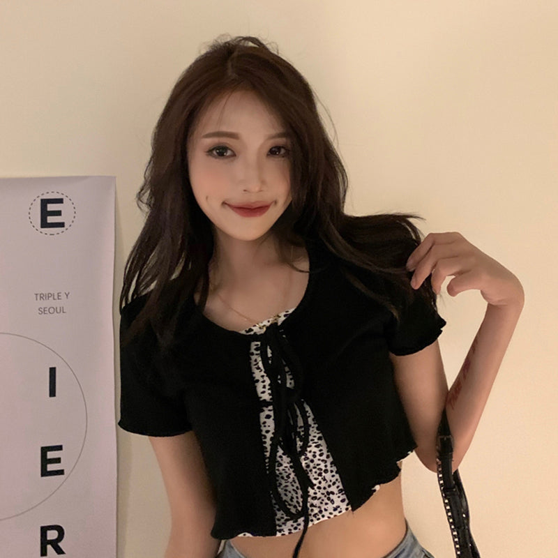 Black Short-Sleeved Sweater Women's Summer Thin Lace Small Cardigan Jacket New Design Short Top