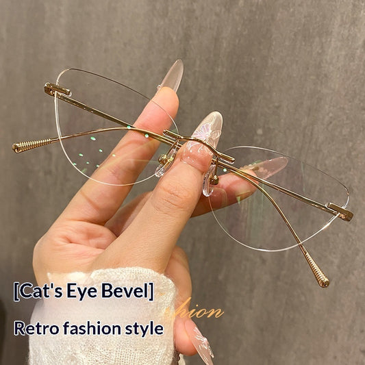 Pure Titanium Rimless Cat-eye Glasses For Women Ultra-light Comfortable And Blue-light Blocking