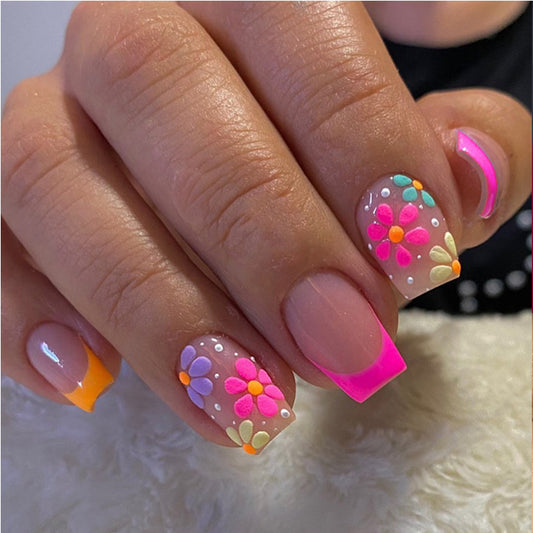 24 PCS Press On Nails Short Square Fake With Nail Glue French False Flower Designs Acrylic Artificial Full Cover Stick For Women