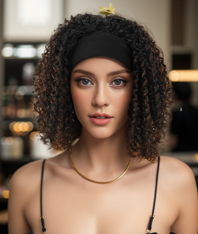 Self-pickup Especially Yours Curly Headband Wig Shoulder-Length Layers Of Natural Spiral Curls With Full, Bouncy Volume, Comfy Stretch Band Runway Shades Of Black Headband Kinky