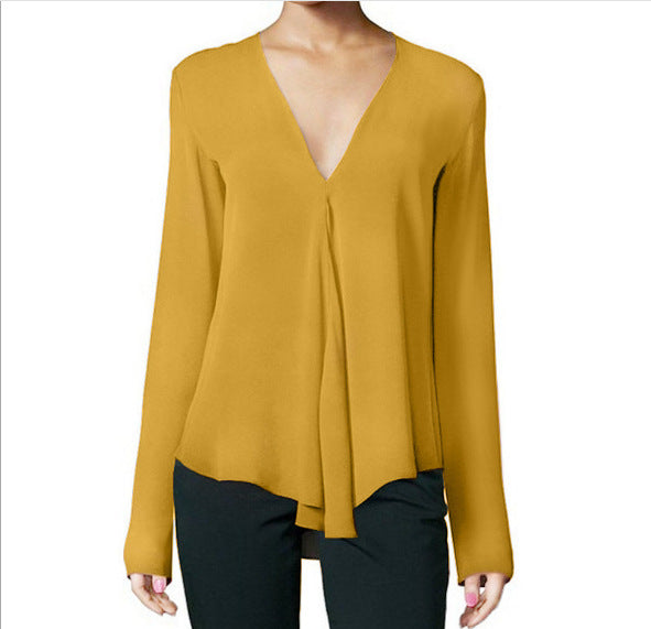 Deep V-neck Long-sleeved Loose Chiffon Shirt Women's Clothing