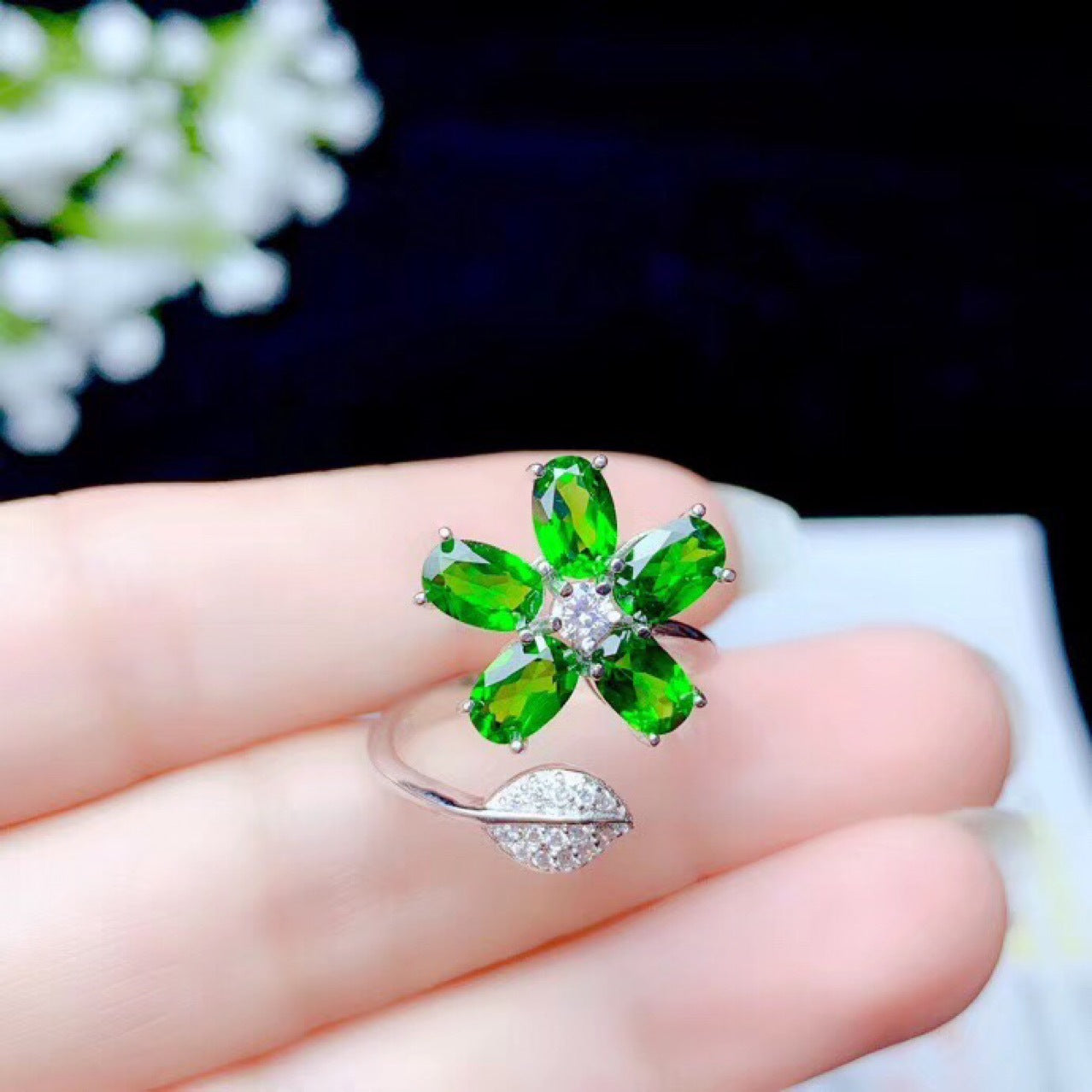 Silver Natural Diopside Ring, Flower Female Ring, Adjustable Mouth