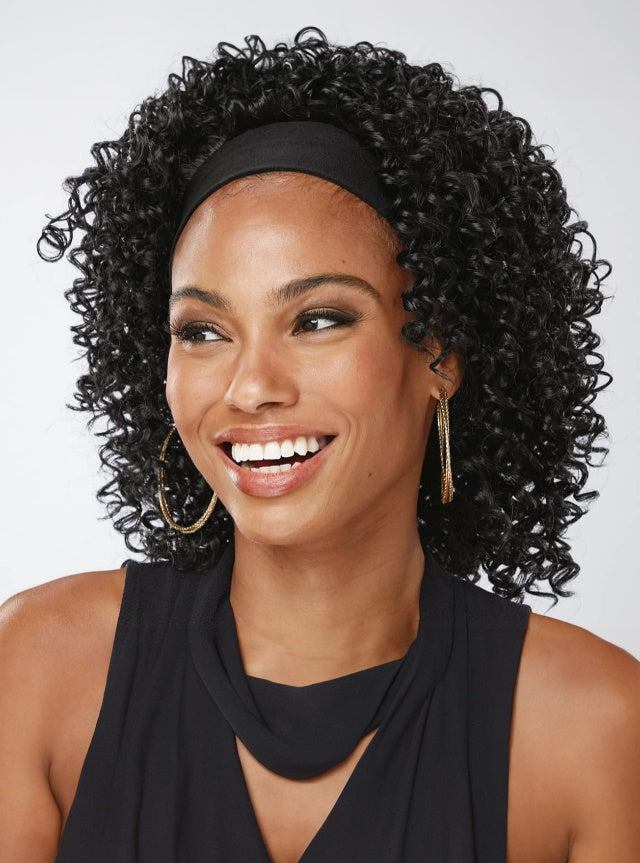 Self-pickup Especially Yours Curly Headband Wig Shoulder-Length Layers Of Natural Spiral Curls With Full, Bouncy Volume, Comfy Stretch Band Runway Shades Of Black Headband Kinky