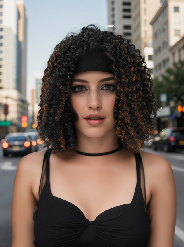 Self-pickup Especially Yours Curly Headband Wig Shoulder-Length Layers Of Natural Spiral Curls With Full, Bouncy Volume, Comfy Stretch Band Runway Shades Of Black Headband Kinky