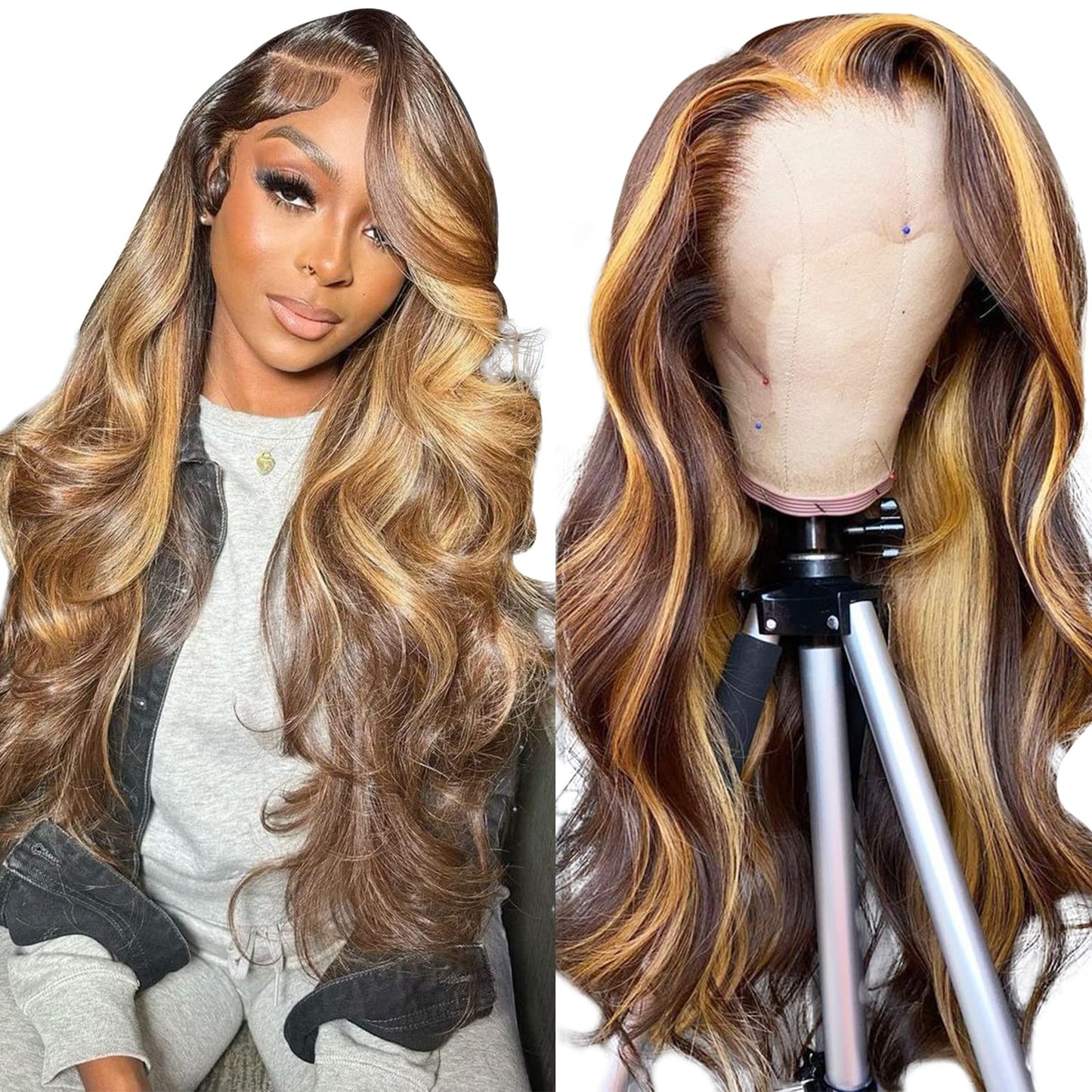 P4 27 Highlight 13x4 Lace Front Human Hair Wig, Body Wave Wig, 150 Density
