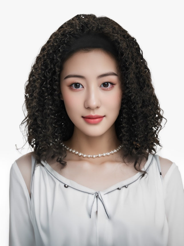 Self-pickup Especially Yours Curly Headband Wig Shoulder-Length Layers Of Natural Spiral Curls With Full, Bouncy Volume, Comfy Stretch Band Runway Shades Of Black Headband Kinky