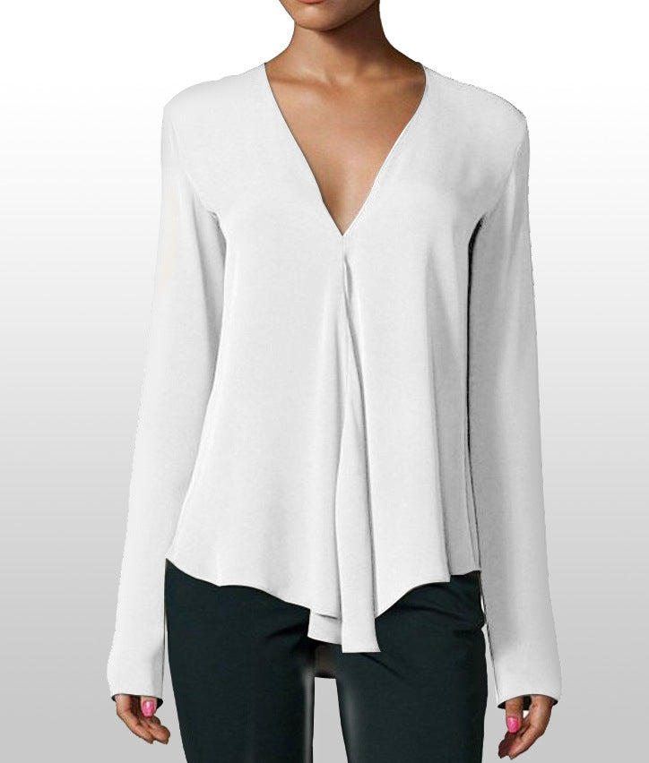 Deep V-neck Long-sleeved Loose Chiffon Shirt Women's Clothing