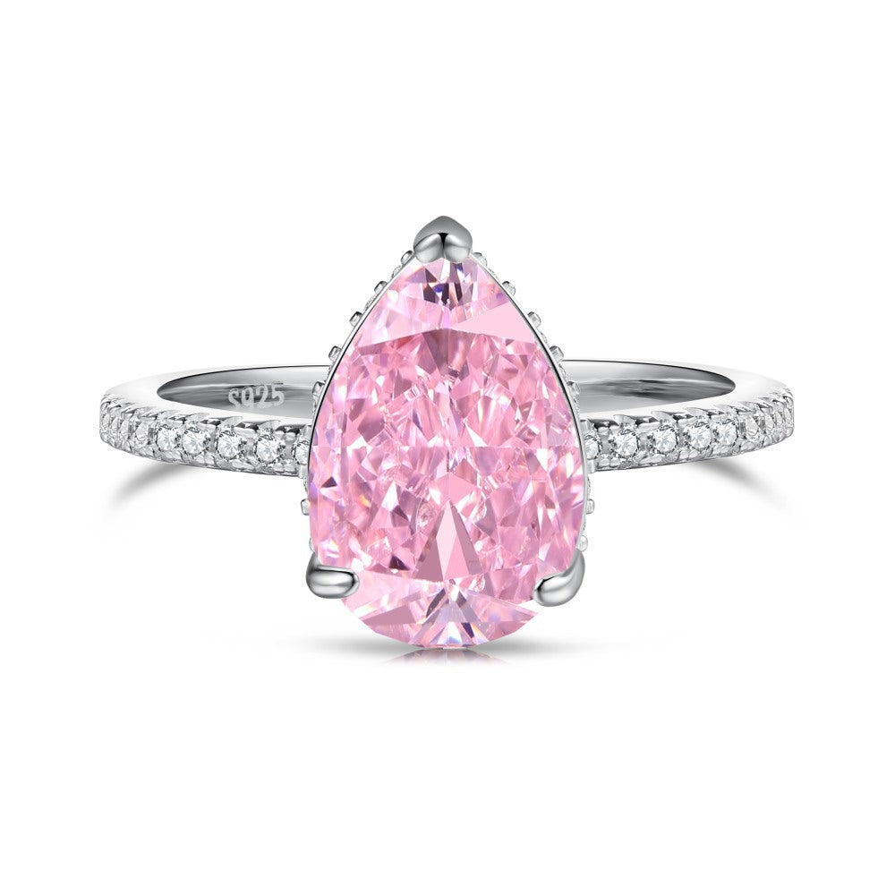 Silver Ice Flower Cut Zircon Drop-shaped Ring For Women