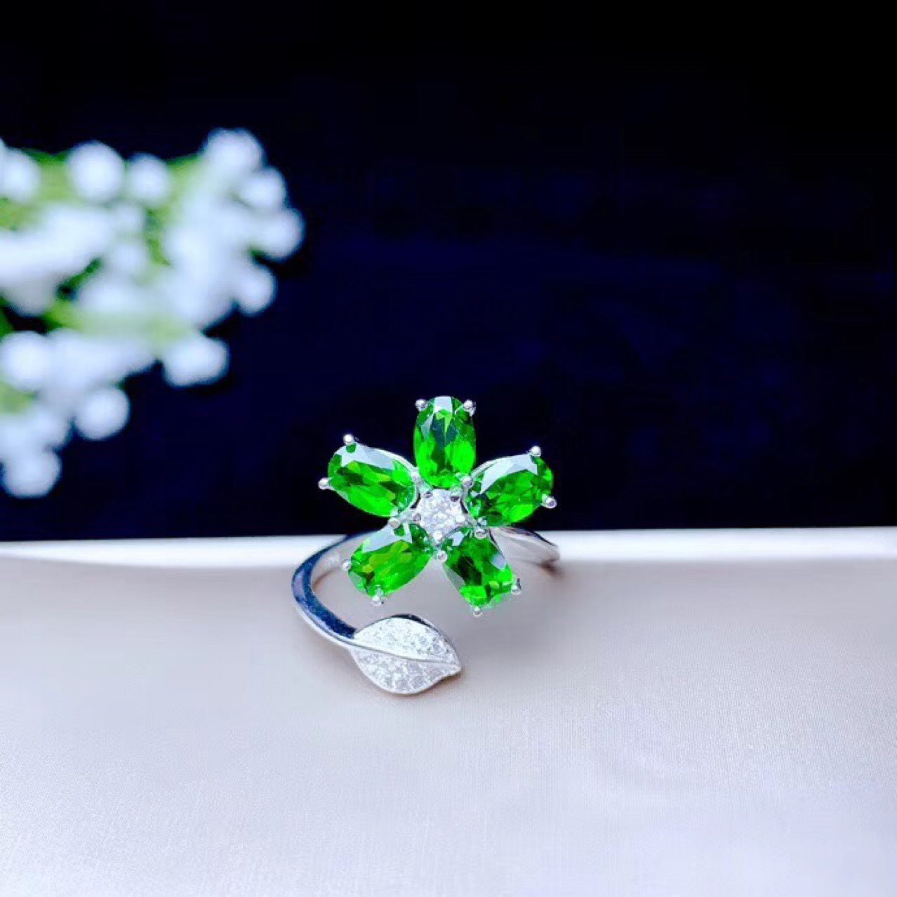 Silver Natural Diopside Ring, Flower Female Ring, Adjustable Mouth