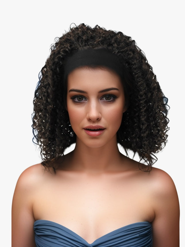 Self-pickup Especially Yours Curly Headband Wig Shoulder-Length Layers Of Natural Spiral Curls With Full, Bouncy Volume, Comfy Stretch Band Runway Shades Of Black Headband Kinky
