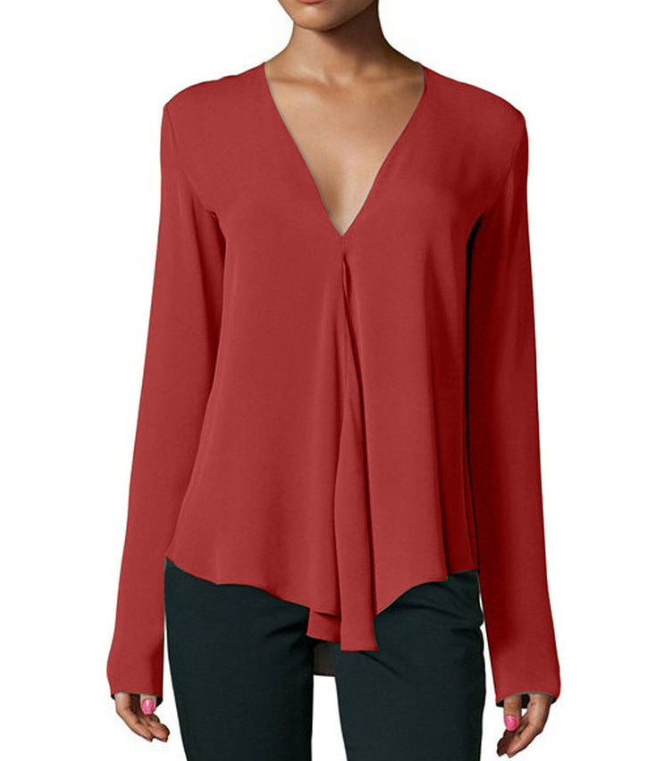 Deep V-neck Long-sleeved Loose Chiffon Shirt Women's Clothing