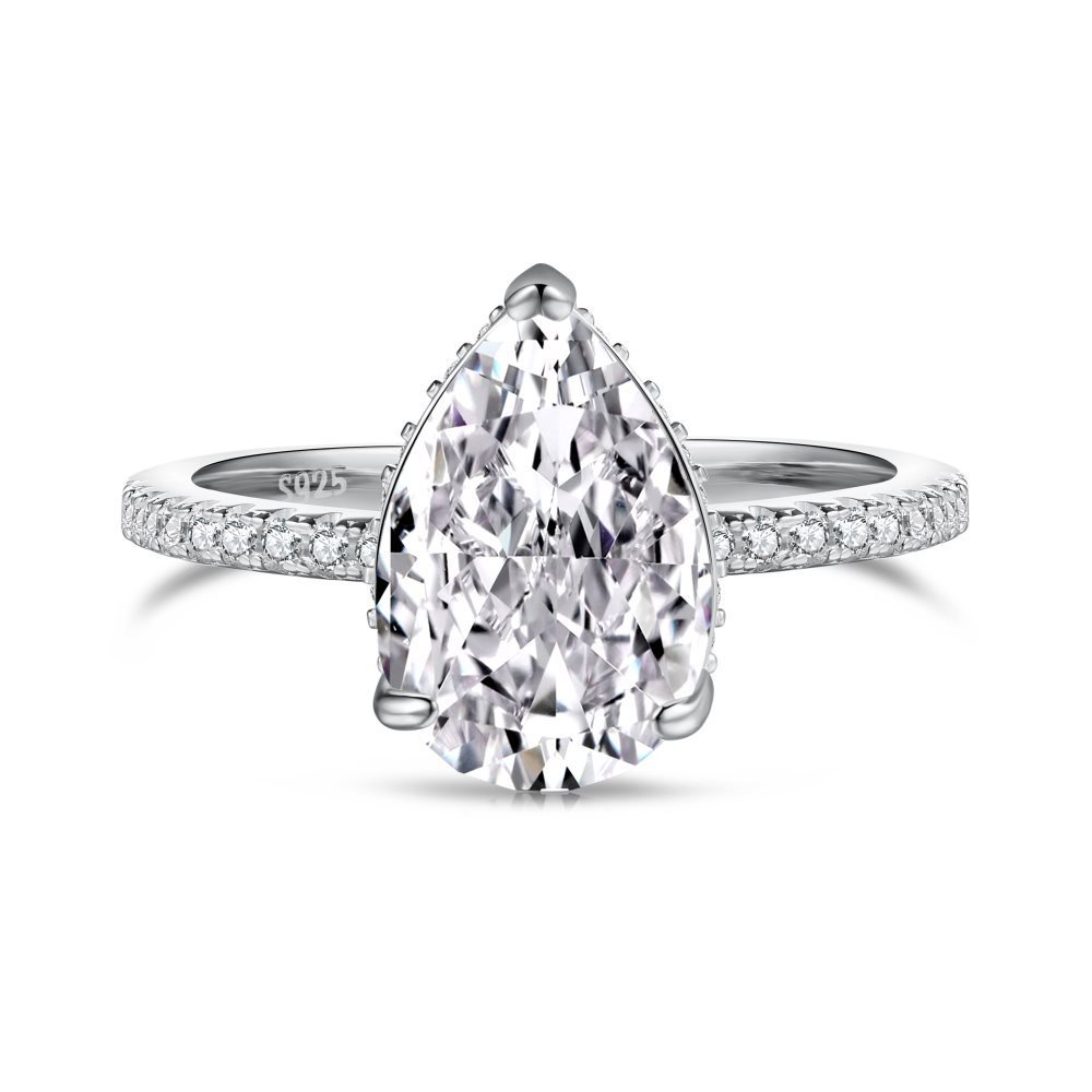 Silver Ice Flower Cut Zircon Drop-shaped Ring For Women