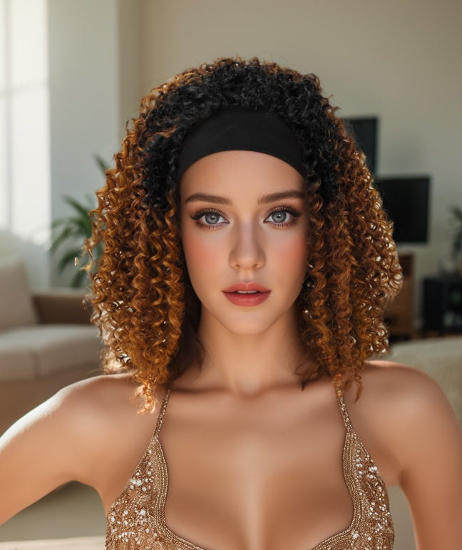 Self-pickup Especially Yours Curly Headband Wig Shoulder-Length Layers Of Natural Spiral Curls With Full, Bouncy Volume, Comfy Stretch Band Runway Shades Of Black Headband Kinky