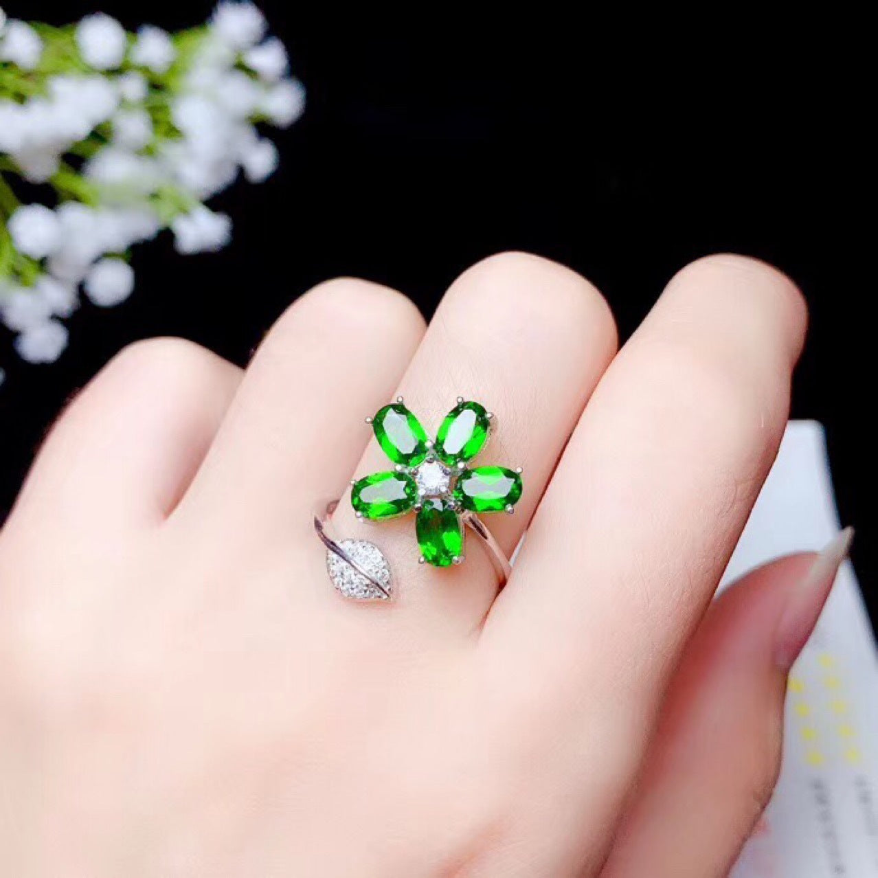 Silver Natural Diopside Ring, Flower Female Ring, Adjustable Mouth
