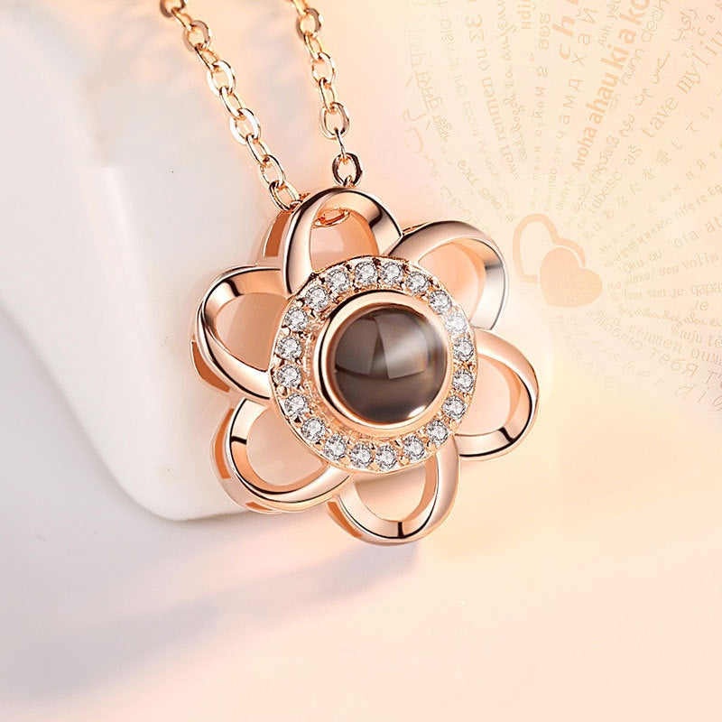 925 Sterling Silver Love Necklace, Memory In  Languages, Cherry Blossom Pendant Necklace
