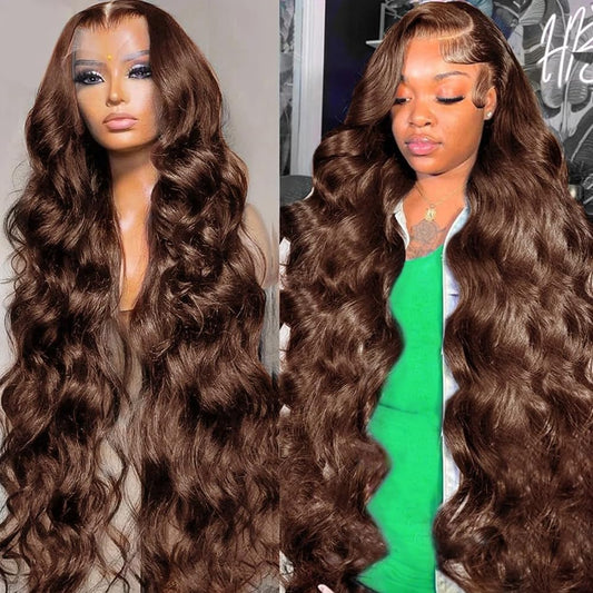 Chocolate Brown 13x4 Lace Front Human Hair Wig, Body Wave Wig Color 4, 150 Density